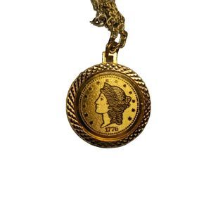 Vintage Bi Centennial Coin Necklace - 24" Gold Chain - Twenty Dollar 1776 Coin
